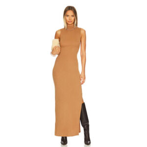 L Space Maxi Dress M Chandler Ribbed Long Sleeveless Mockneck Tan Camel Boho